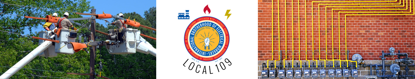 Images of electricians working on power lines, the IBEW Local 109 logo, and an array of electric meter boxes